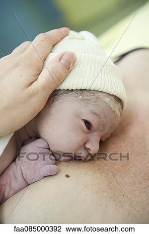 Stock Image - Newborn baby lying on mother's chest. Fotosearch