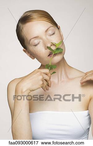 Young woman enjoying fragrence of fresh mint leaves View Large Photo Image Stock Photo - Young woman enjoying fragrence of fresh mint leaves. Fotosearch