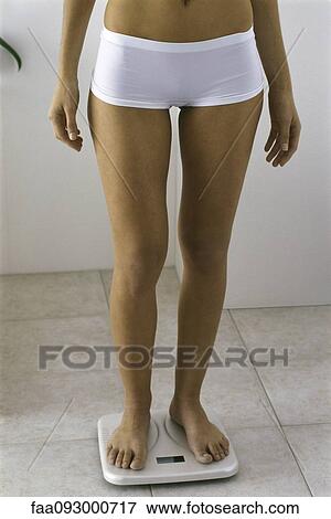 Stock Photo - Young woman standing on bathroom scale in underwear, low section. Fotosearch