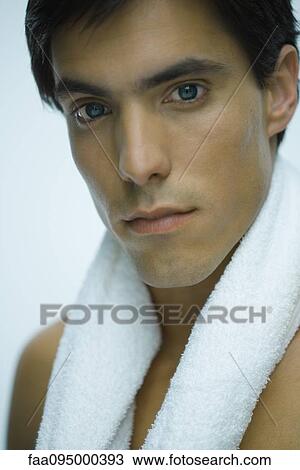 Man with towel around neck, portrait View Large Photo Image Stock Image - Man with towel around neck, portrait. Fotosearch