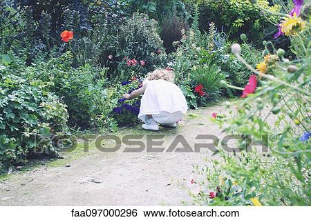 Stock Photograph - Little girl exploring flower garden. Fotosearch