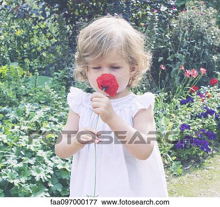 Stock Photo - Little girl smelling flower. Fotosearch