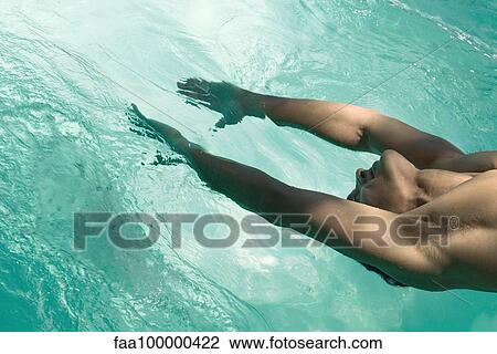 Stock Image - Man leaning backward over pool, hands in water. Fotosearch