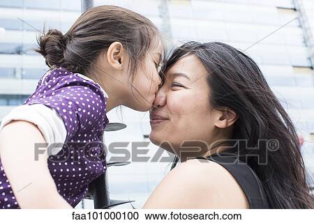 Girl kissing mother's nose outdoors View Large Photo Image Stock Image - Girl kissing mother's nose outdoors. Fotosearch