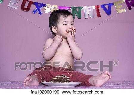 Baby eating birthday cake View Large Photo Image Stock Image - Baby eating birthday cake. Fotosearch