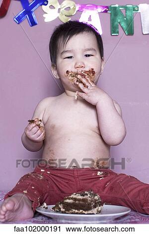Baby eating birthday cake View Large Photo Image Stock Image - Baby eating birthday cake. Fotosearch