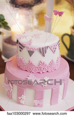 Birthday cake decorated with fondant butterflies View Large Photo Image Stock Photo - Birthday cake decorated with fondant butterflies. Fotosearch