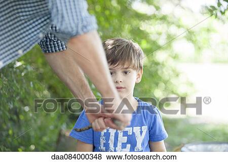 Stock Photo - Boy watching father break stick. Fotosearch