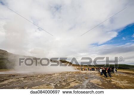 Tourists at Geysir, Iceland View Large Photo Image Stock Photo - Tourists at Geysir, Iceland. Fotosearch