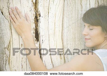 Woman hugging tree, eyes closed View Large Photo Image Stock Photo - Woman hugging tree, eyes closed. Fotosearch