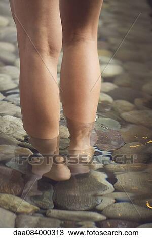 Stock Image - Woman walking in wading pool, low section. Fotosearch