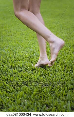 Picture - Barefoot woman walking on grass, low section. Fotosearch