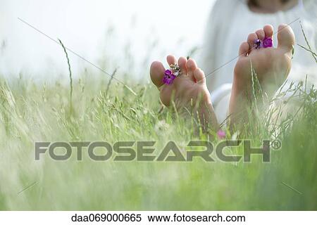 Barefoot young woman sitting in grass with wildflowers between toes, cropped View Large Photo Image Stock Photography - Barefoot young woman sitting in grass with wildflowers between toes, cropped. Fotosearch