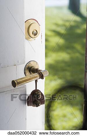 Bell on handle of open door View Large Photo Image Stock Image - Bell on handle of open door. Fotosearch