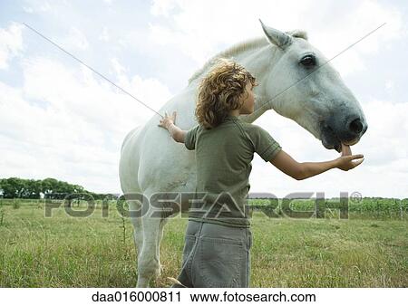 Boy petting horse, horse licking boy's hand View Large Photo Image Stock Image - Boy petting horse, horse licking boy's hand. Fotosearch