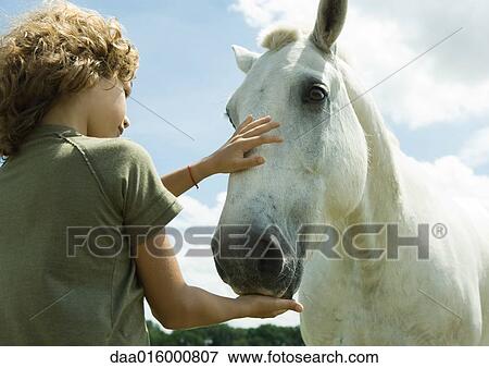 Boy petting horse View Large Photo Image Stock Photo - Boy petting horse. Fotosearch
