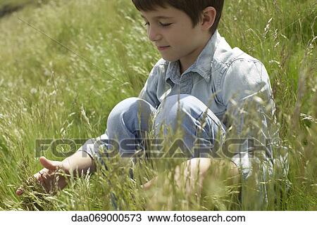 Boy playing with grass in field View Large Photo Image Stock Image - Boy playing with grass in field. Fotosearch