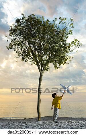 Stock Image - Boy playing with toy airplane under tree on beach. Fotosearch