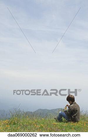 Boy sitting alone in meadow, picking wildflowers View Large Photo Image Stock Image - Boy sitting alone in meadow, picking wildflowers. Fotosearch