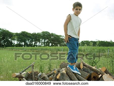 Stock Photo - Boy standing on top of wood pile. Fotosearch