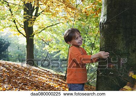 Stock Photography - Boy touching tree trunk in autumn. Fotosearch