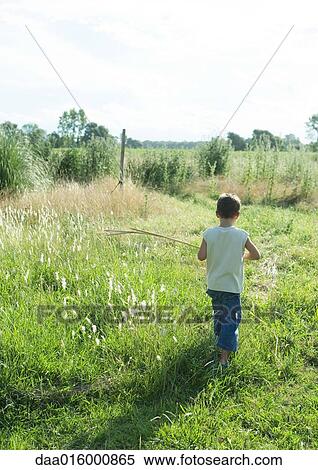 Boy walking through field, rear view View Large Photo Image Stock Photography - Boy walking through field, rear view. Fotosearch