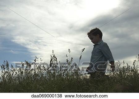 Stock Photo - Boy walking through tall grass. Fotosearch
