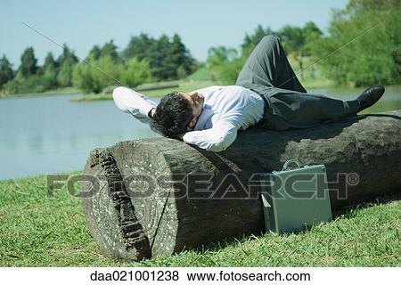 Businessman lying on tree trunk, hands behind head View Large Photo Image Stock Photo - Businessman lying on tree trunk, hands behind head. Fotosearch