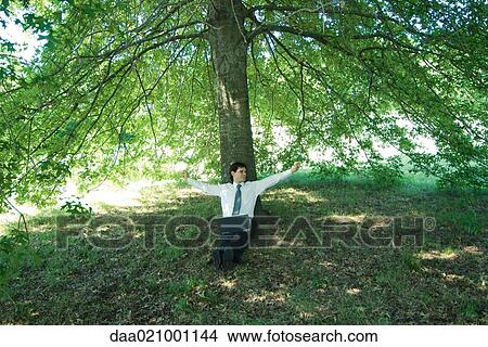 Businessman sitting under tree, laptop on lap, stretching arms View Large Photo Image Picture - Businessman sitting under tree, laptop on lap, stretching arms. Fotosearch