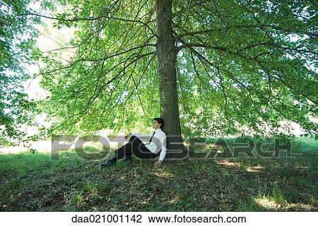 Stock Image - Businessman sitting under tree. Fotosearch