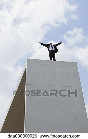 Businessman standing on concrete structure with arms outstretched, low angle view View Large Photo Image Stock Photography - Businessman standing on concrete structure with arms outstretched, low angle view. Fotosearch