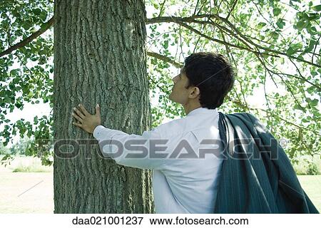 Businessman touching tree trunk View Large Photo Image Stock Photo - Businessman touching tree trunk. Fotosearch