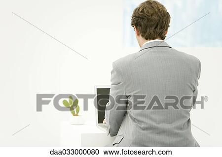 Businessman using laptop, rear view View Large Photo Image Stock Image - Businessman using laptop, rear view. Fotosearch