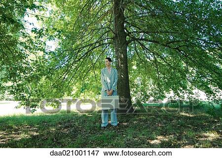 Businesswoman standing under tree, holding briefcase View Large Photo Image Stock Photo - Businesswoman standing under tree, holding briefcase. Fotosearch
