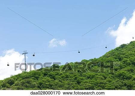Cable cars going up side of lush mountain View Large Photo Image Stock Image - Cable cars going up side of lush mountain. Fotosearch