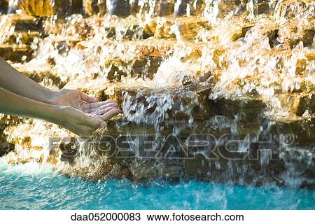 Stock Image - Catching water flowing over rocks with cupped hands. Fotosearch