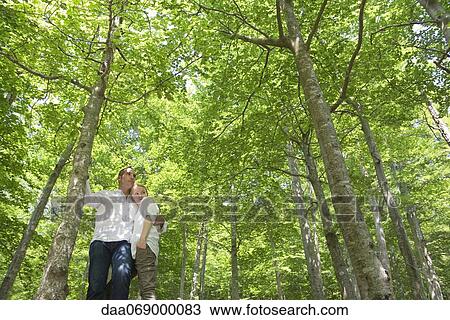 Stock Image - Couple embracing in woods, low angle view. Fotosearch