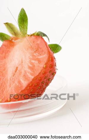 Stock Image - Cross section of strawberry in small cosmetic container, close-up. Fotosearch
