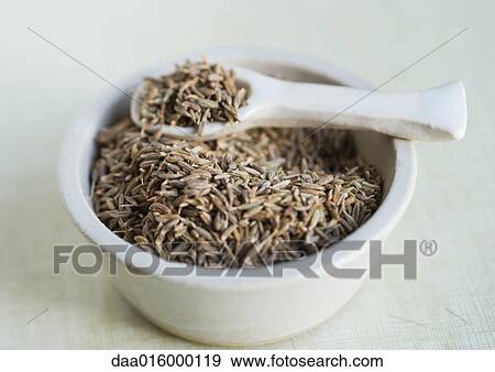 Cumin seeds in bowl, with spoon View Large Photo Image Stock Photo - Cumin seeds in bowl, with spoon. Fotosearch