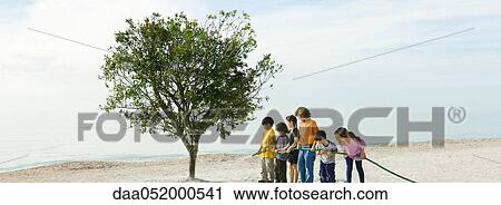 Stock Image - Ecology concept, children watering tree together. Fotosearch