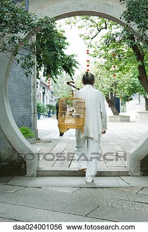 Stock Photograph - Elderly man wearing traditional Chinese clothing carrying bird cage over shoulder, rear view. Fotosearch