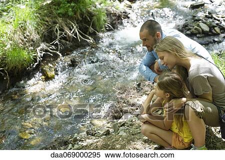 Family crouched together beside stream, looking at water View Large Photo Image Stock Photography - Family crouched together beside stream, looking at water. Fotosearch