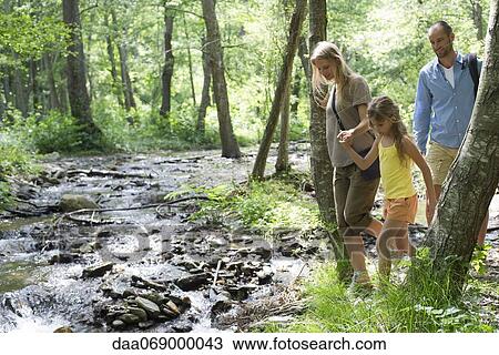 Stock Image - Family hiking along stream in woods. Fotosearch