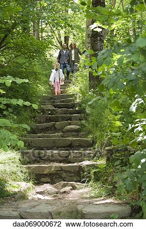 Stock Image - Family walking down stone steps in woods. Fotosearch