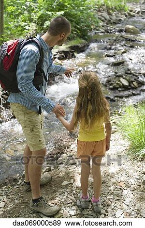 Stock Photo - Father and daughter looking at stream, rear view. Fotosearch