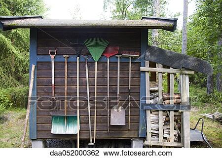 Gardening tools hung on side of shed View Large Photo Image Stock Image - Gardening tools hung on side of shed. Fotosearch