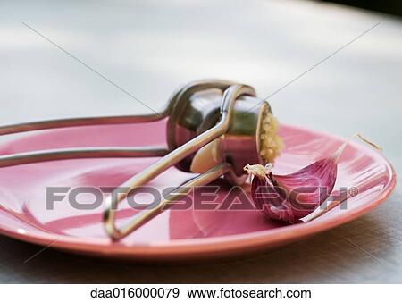 Stock Photo - Garlic press and clove of garlic on plate. Fotosearch