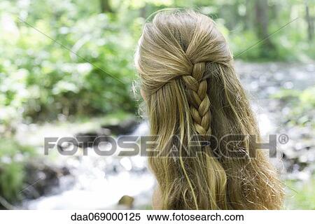 Stock Photography - Girl contemplating stream, rear view. Fotosearch
