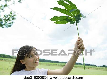 Picture - Girl standing holding cassava leaf. Fotosearch