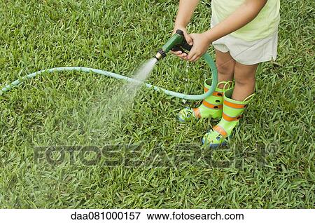 Stock Photo - Girl watering lawn with garden hose, cropped. Fotosearch